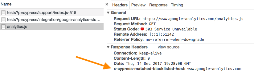 Network tab of dev tools with analytics.js request selected and the response header highlighted